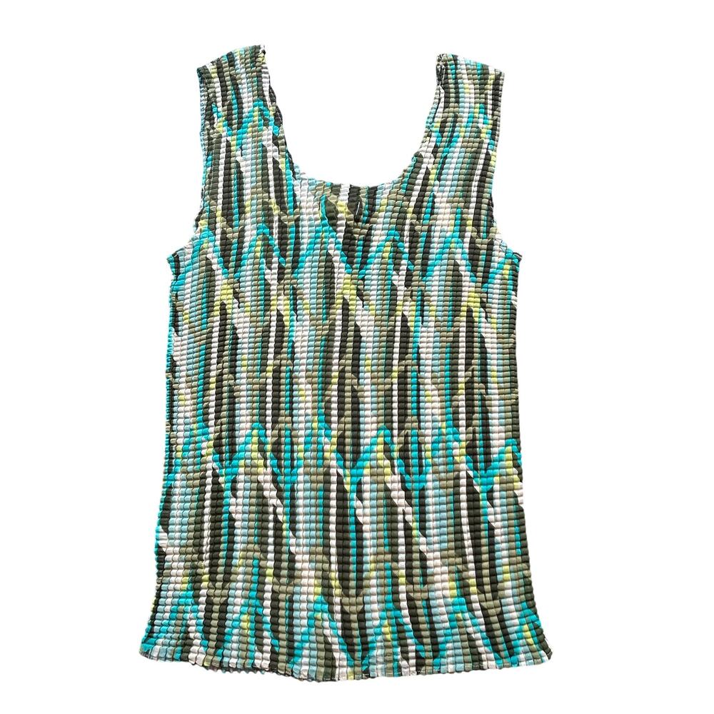 Y2K- green earth tones brown- Med - krinkle stretch tank top- caviar- abstract